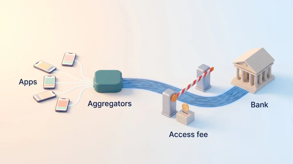 Paid Data Access in Open Banking Apps connect to a bank through data aggregators, passing a toll barrier where banks now charge an access fee for data requests.