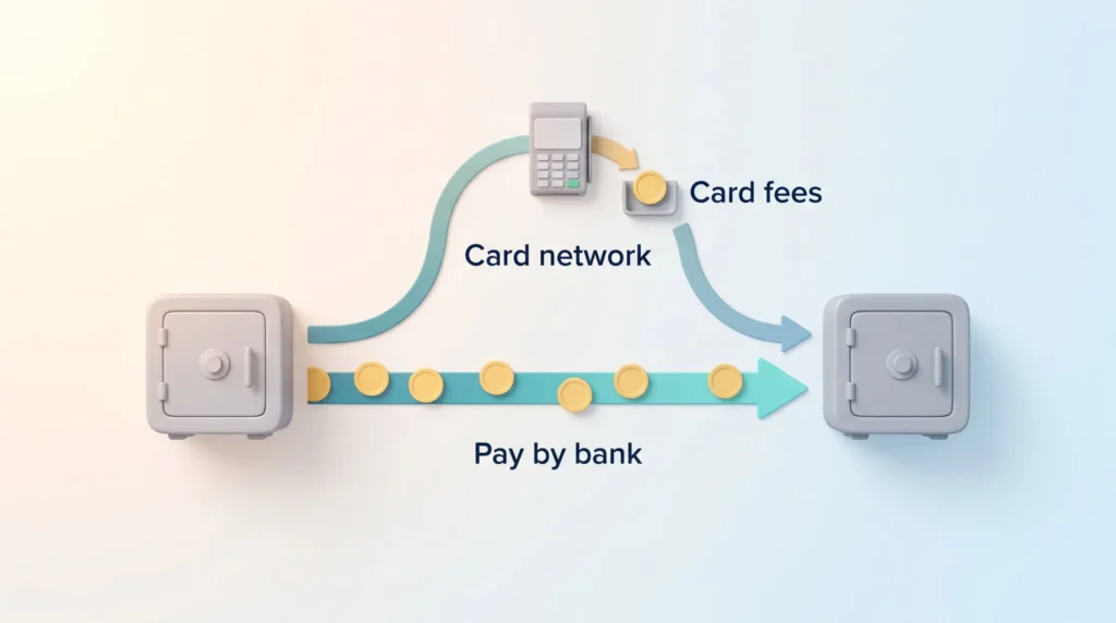 Pay by Bank Versus Card Payments Two routes between bank safes: a card network detour that takes card fees, and a direct pay by bank account to account payment.