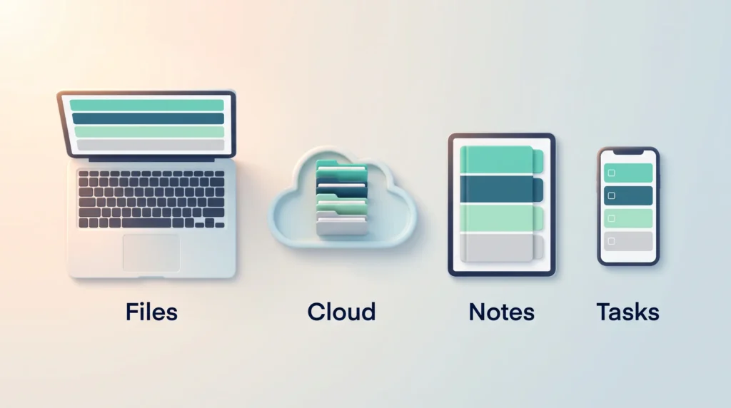 Laptop, cloud storage, notes tablet and task phone each showing the same four colored folders for consistent digital file organization