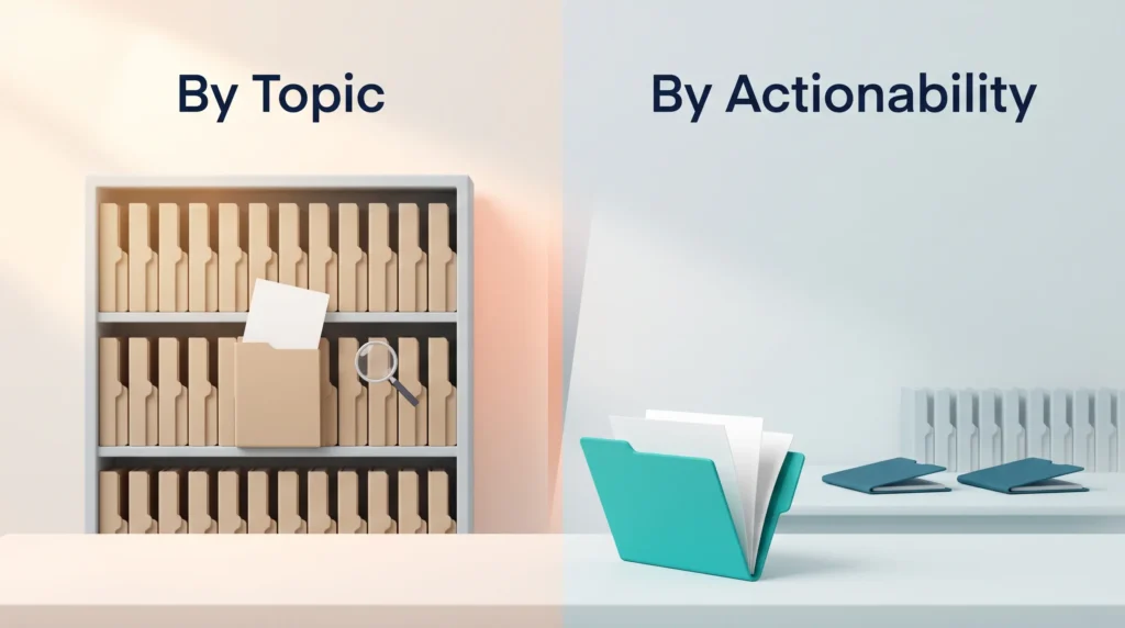 PARA method comparison of a shelf of identical topic folders with a desk sorted by actionability, current work up front