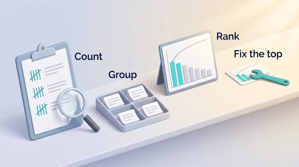 Pareto Analysis Steps From Count to Fix Pareto analysis in four steps: count causes on a tally sheet, group them in a tray, rank them in a Pareto chart, then fix the top causes.