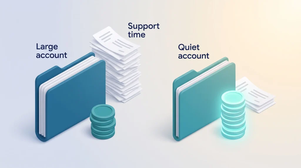 Customer Value Versus Volume Comparison 80/20 rule applied to customers: a large account with heavy support time and a small margin beside a quiet account with a higher margin.