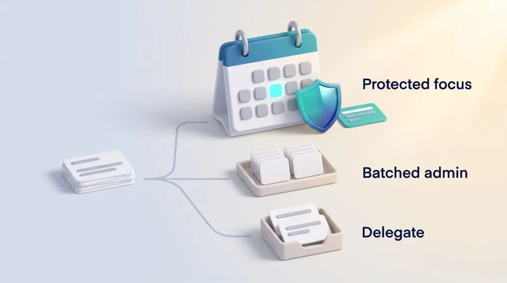 Protected Focus Time for the Vital Few The vital few tasks get protected focus time on a shielded calendar, while admin is batched in one tray and other work goes to delegate.
