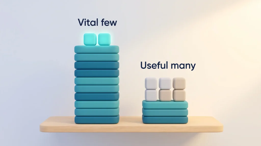 Pareto Principle Vital Few and Useful Many Pareto principle shown as two glowing cubes labeled vital few on a tall results stack beside many cubes labeled useful many on a short stack.