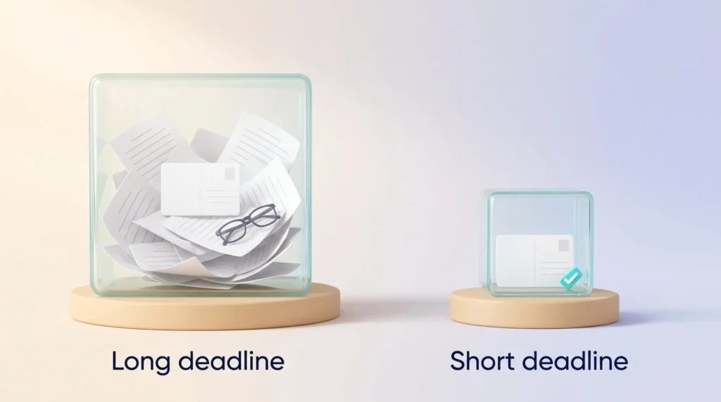 Parkinson's Law shown as the same postcard task swelling with drafts in a large glass box for a long deadline and fitting a small box for a short one.