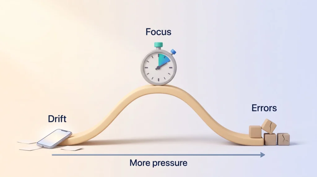 Inverted U curve where more pressure moves from drift to focus at the peak and then to errors, showing how far to shorten deadlines.