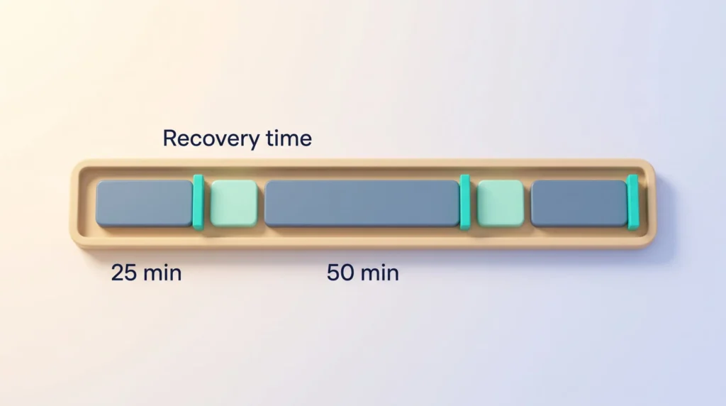 Day schedule with 25 min and 50 min meeting blocks, each capped by a hard end and followed by recovery time, a simple timeboxing default.