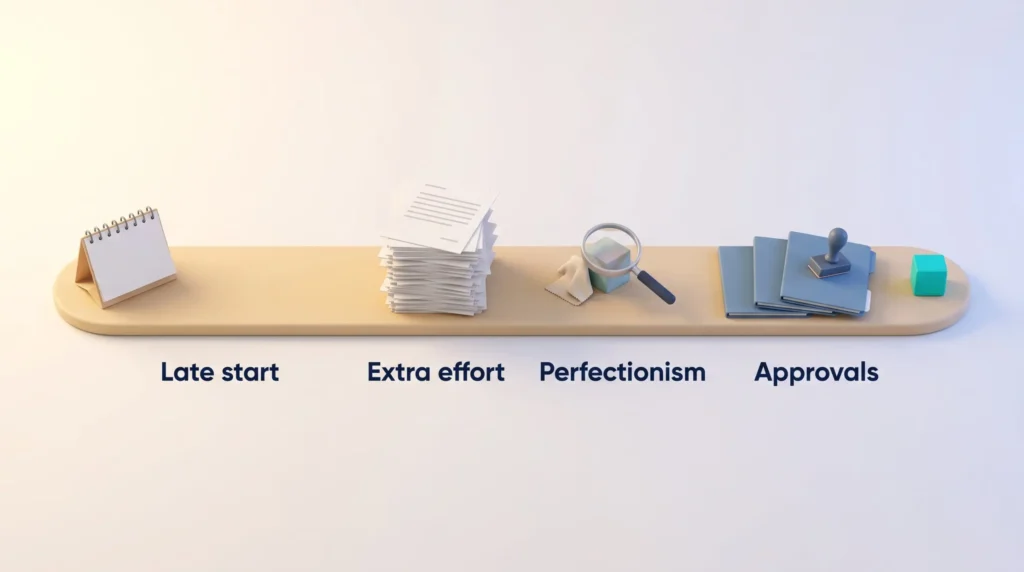 Timeline showing how work expands to fill the time available through a late start, extra effort, perfectionism and approvals before the real task.