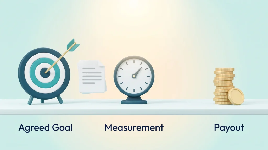 Performance-Based Pay Goal Measurement Payout Performance-based pay as a short contract: an agreed goal target, a measurement gauge and a stack of coins as the payout, lined up left to right.