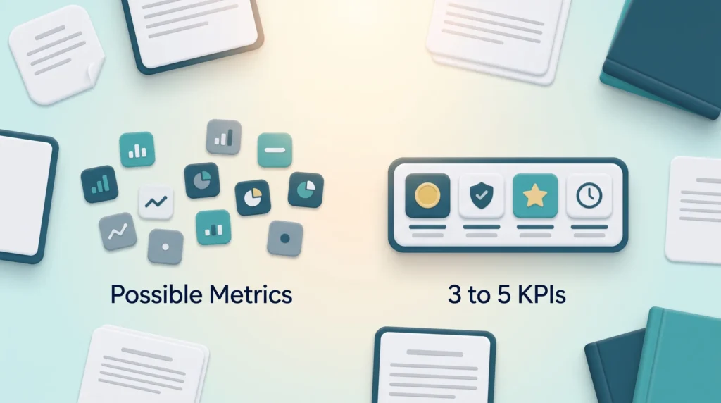 Balanced KPI Scorecard for Incentive Plans A loose pile of possible metrics next to a scorecard holding four KPIs for revenue, quality, satisfaction and on-time delivery in an incentive plan.