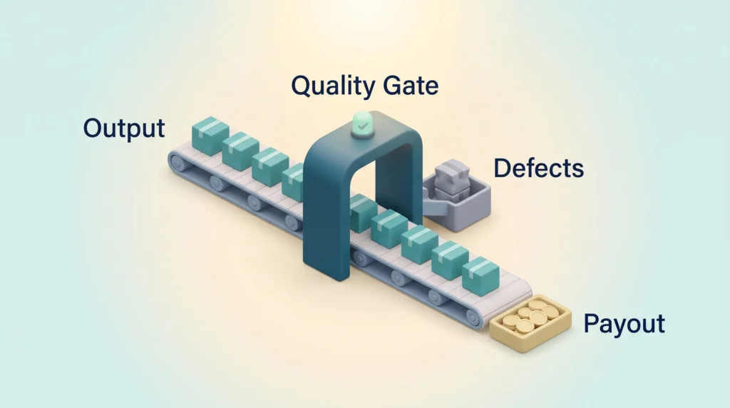 Quality Gate Before Volume Payout Output boxes pass a quality gate on a conveyor, defects are diverted to a bin, and only approved units reach the coin tray for the variable pay.