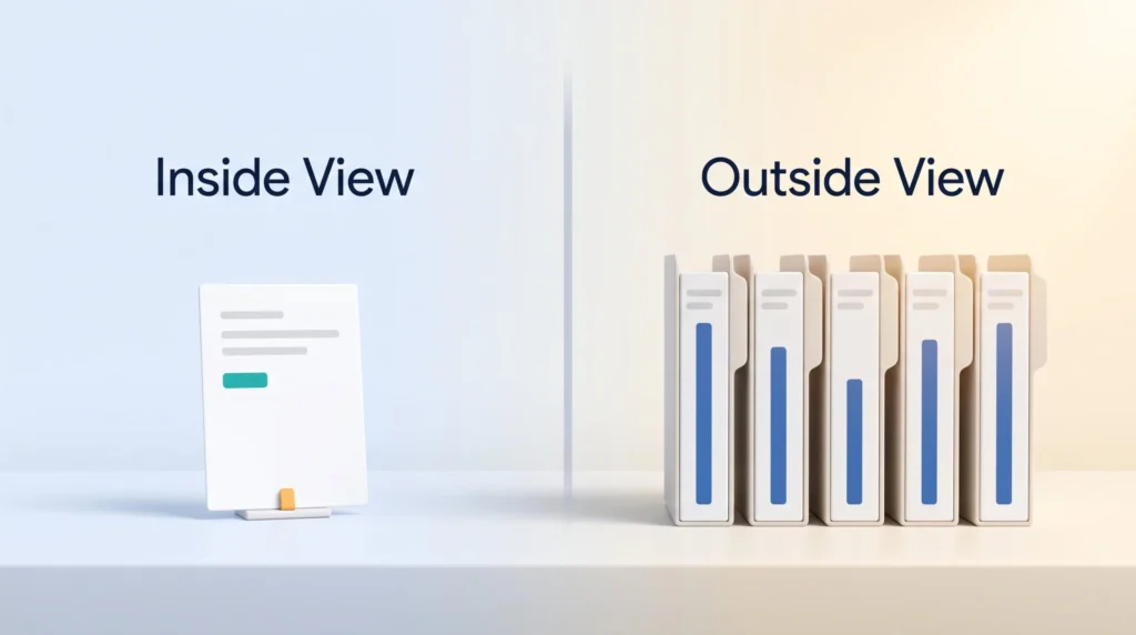 The planning fallacy shown as one short inside view task estimate next to a row of past project files with longer outside view durations.