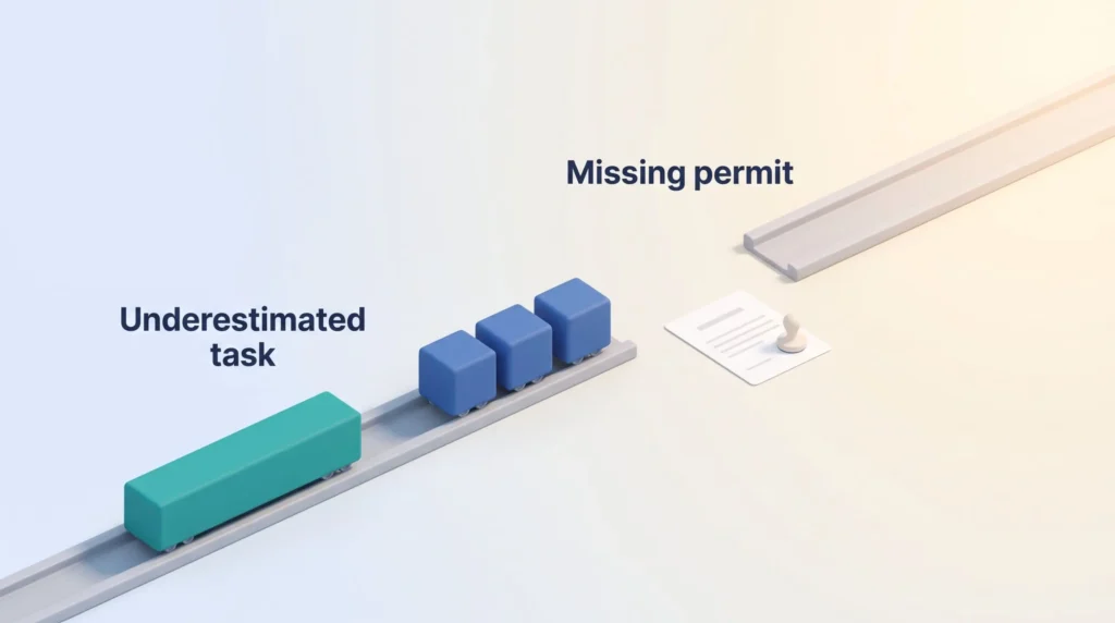 Project rail where an underestimated task keeps rolling while a missing permit leaves a gap that stops the remaining work.