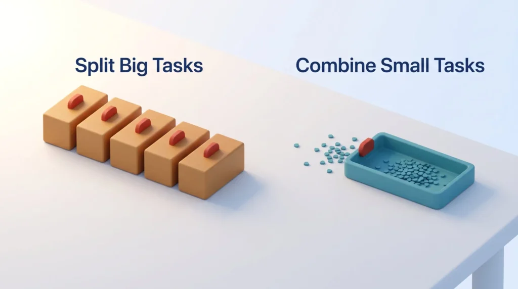 Splitting and Combining Pomodoro Tasks Fitting tasks into 25-minute work intervals: a big task split into equal Pomodoro bricks, small tasks combined in one tray.
