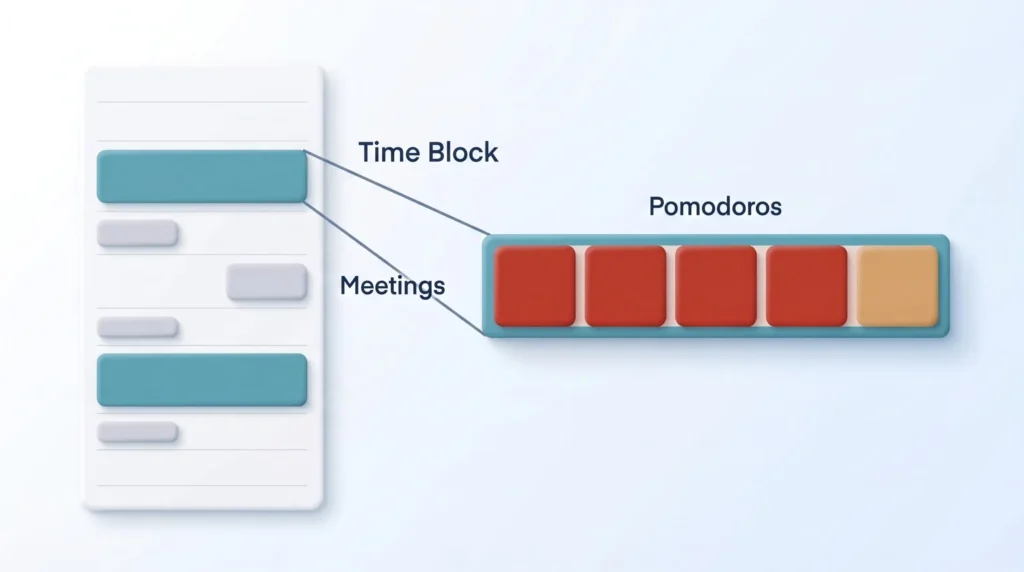 Pomodoro vs Time Blocking Combined Pomodoro vs time blocking: a focus block in a day planner, enlarged into four Pomodoros and a long break, with meetings in the gaps.