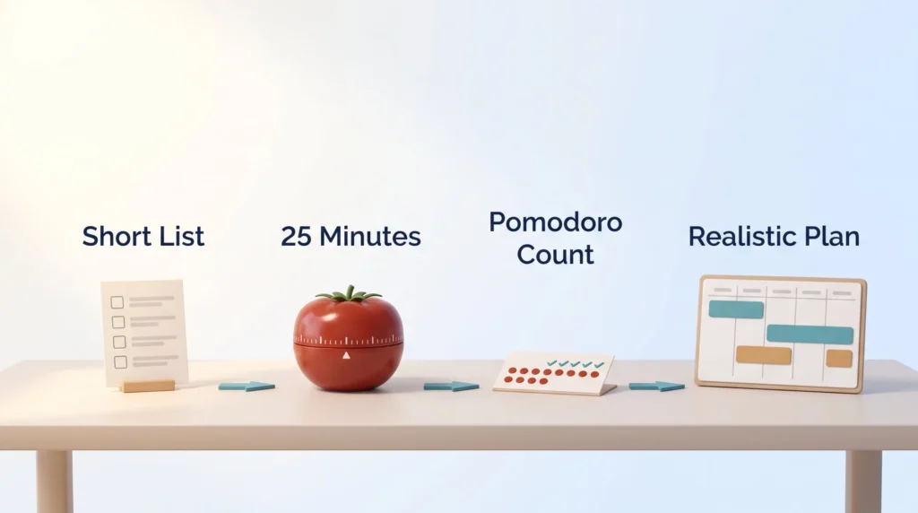 Pomodoro Technique Workflow Pomodoro Technique workflow on a desk: a short task list, a tomato timer for 25 minutes, a Pomodoro count and a realistic plan.