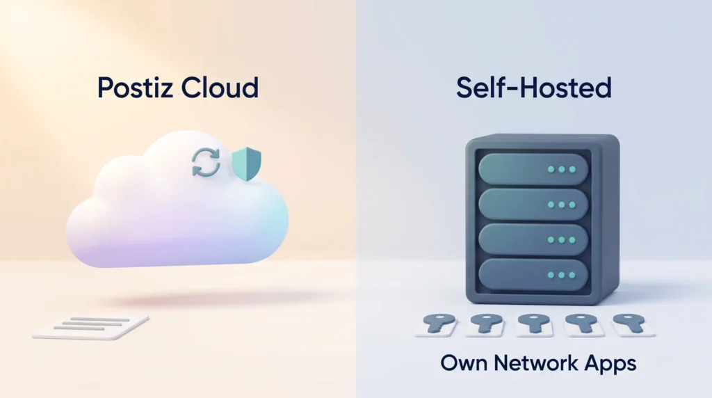 Postiz review comparison: managed Postiz Cloud on the left, a self-hosted server with its own network app keys on the right.