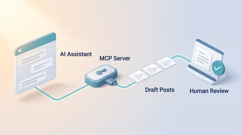 AI assistant connected through an MCP server creates draft posts in an open source social media scheduler, followed by human review.