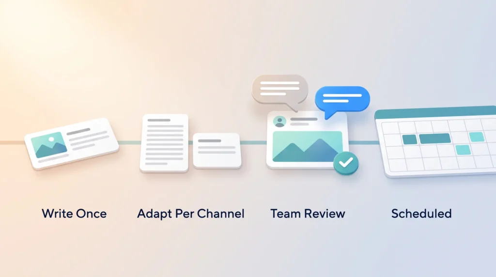 Social media scheduling tool workflow: a post written once, adapted per channel, approved in team review and scheduled in the calendar.