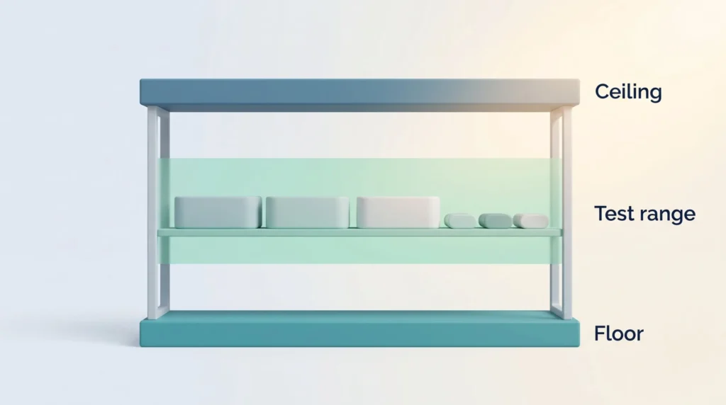 Price architecture shelf with a floor at the base, a ceiling at the top and a test range band holding tiers and add-ons