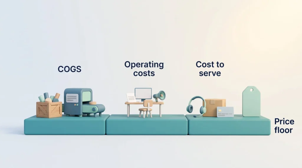Pricing strategy framework cost floor: COGS, operating costs and cost to serve combined into one base, with the price tag resting on top