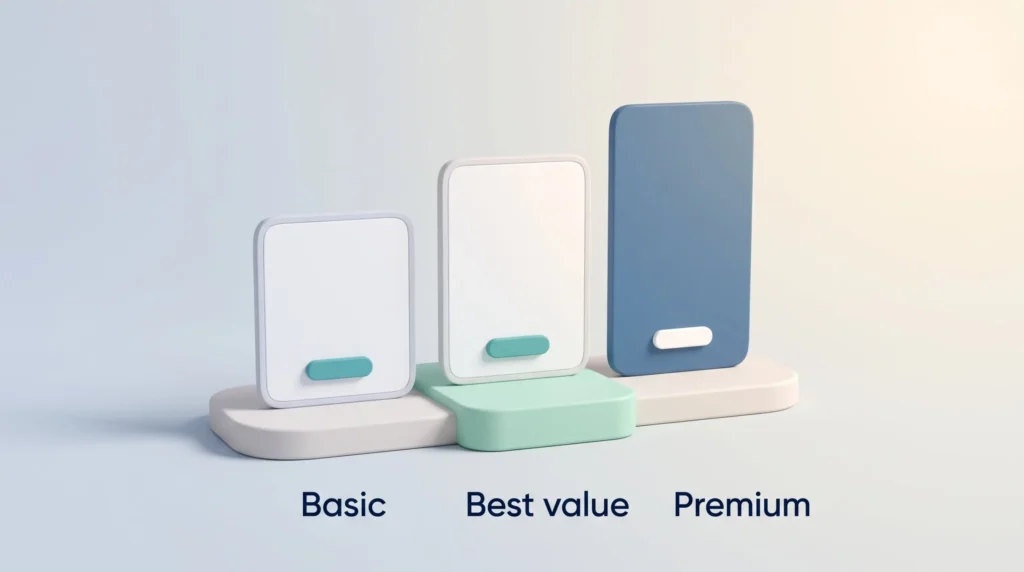 Three pricing tiers labeled Basic, Best value and Premium, with the middle best value plan highlighted on a mint pedestal