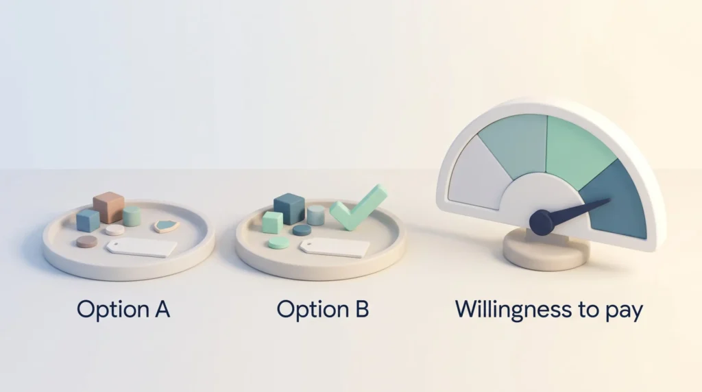 Two product options on trays, one chosen with a checkmark, next to a gauge that measures willingness to pay before launch