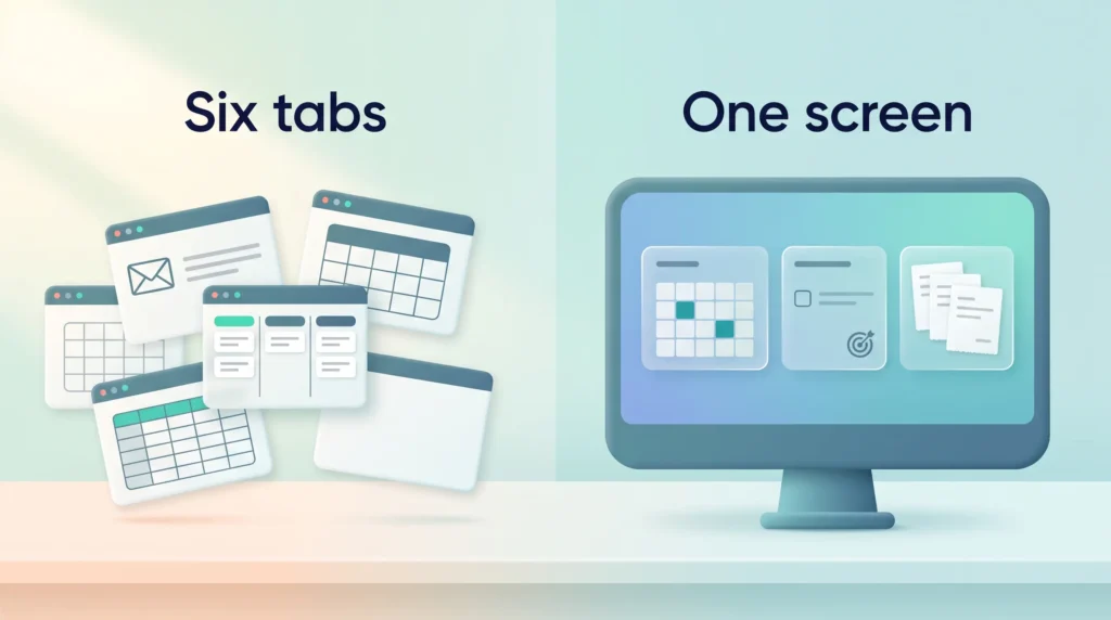 Productivity dashboard comparison: six scattered app tabs on the left versus one screen with meetings, a top task and unpaid invoices.