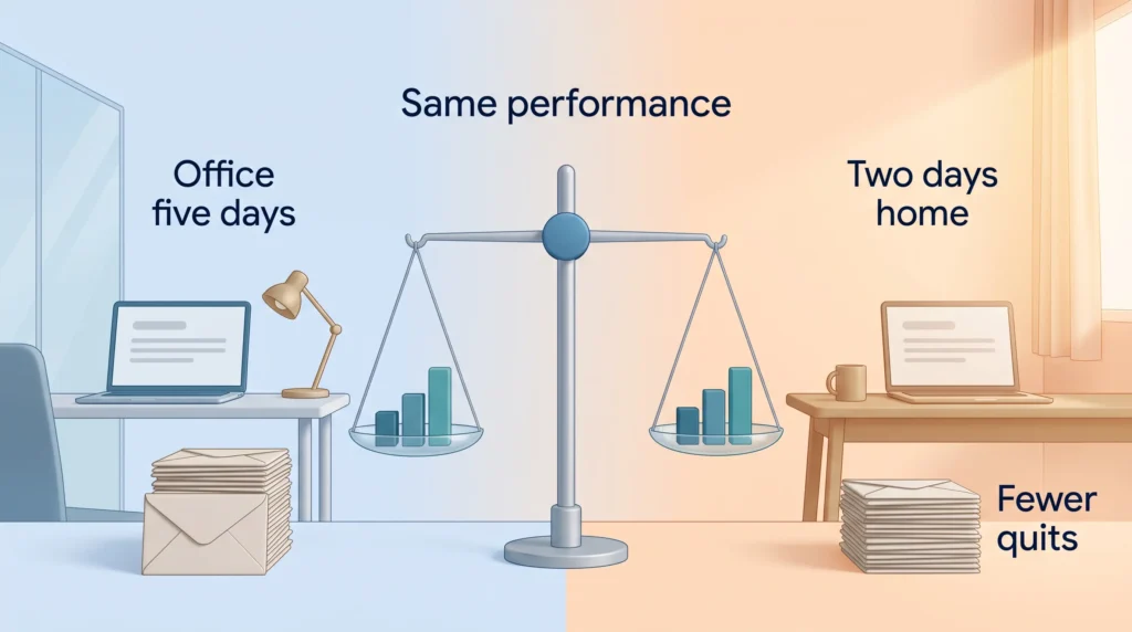 Hybrid Work Trial Results Remote work productivity trial as a level scale: same performance for office and hybrid staff, with fewer quits on the two days home side.