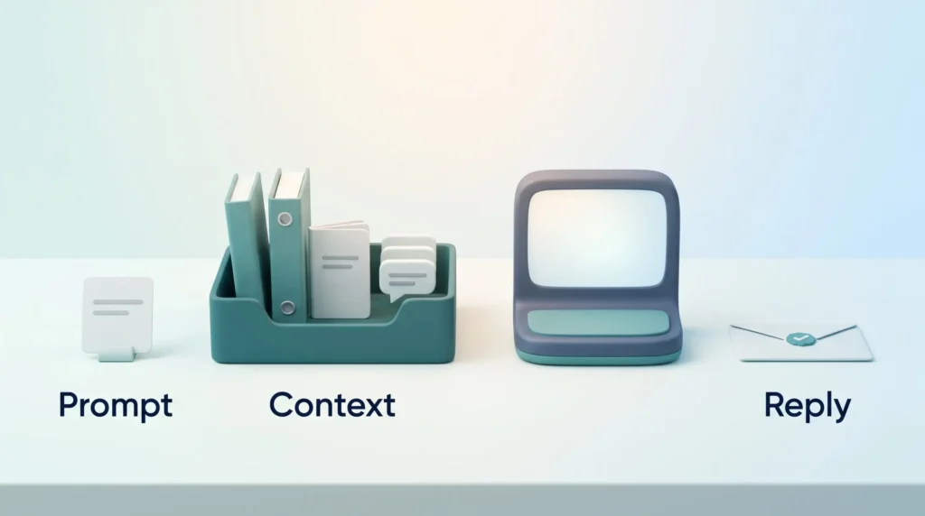 Prompt vs Context Engineering Context engineering explained: a single prompt card and a tray of order history, policy, tone guide and messages feed an AI reply station.