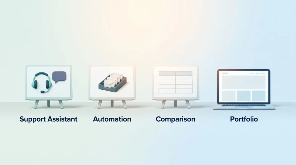 Prompt Engineering Portfolio Projects Portfolio for prompt engineering jobs: support assistant, automation and comparison projects lead to a published portfolio on a laptop.