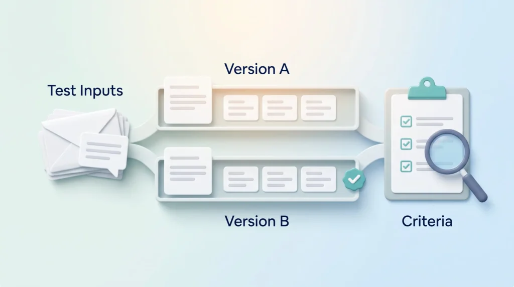 Testing Prompt Versions Against Criteria Prompt engineer workflow: shared test inputs run through Version A and Version B, then an evaluation checklist picks the better one by criteria.
