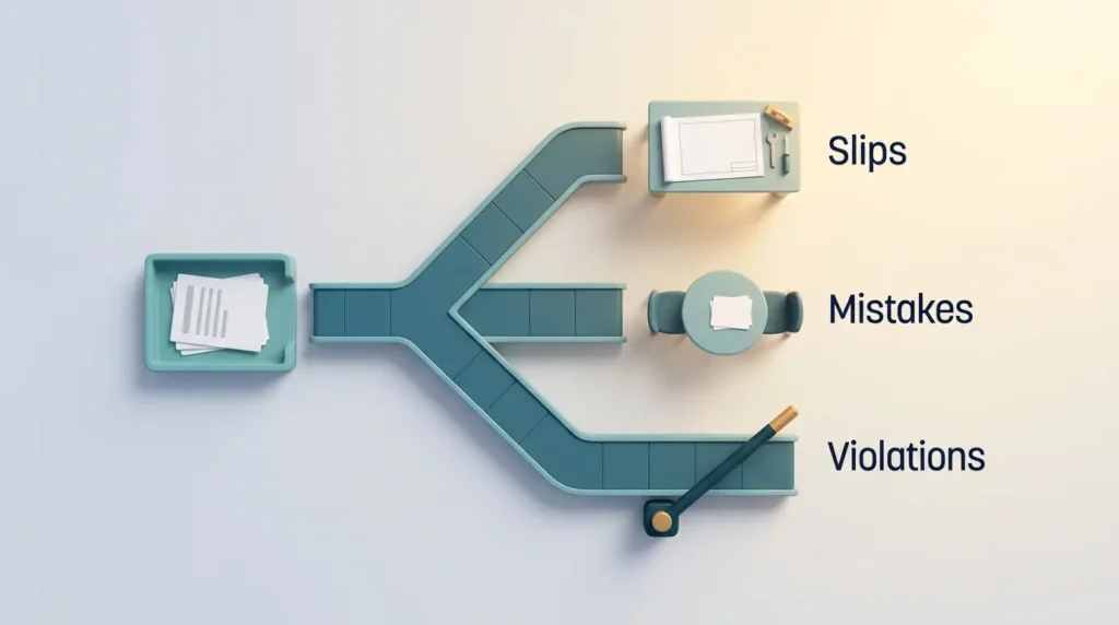 Accountability Response Routes Accountability routes where reported incidents branch into process fixes for slips, coaching for mistakes and a firm barrier for violations.