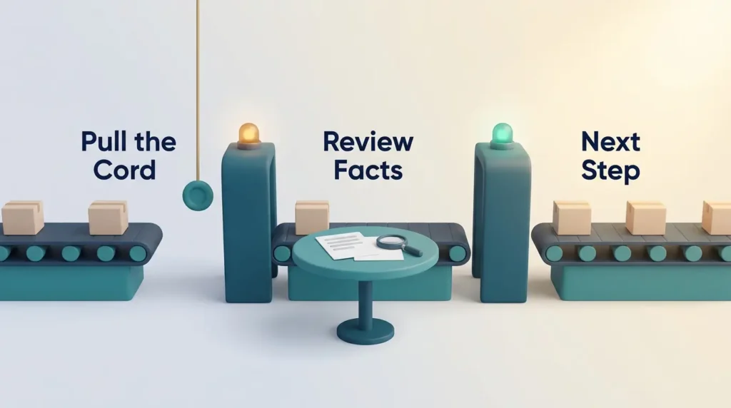 Andon Cord Review Process An andon cord pauses the line, the team reviews the facts at a table, then the line restarts, a model for candor and team learning behavior.