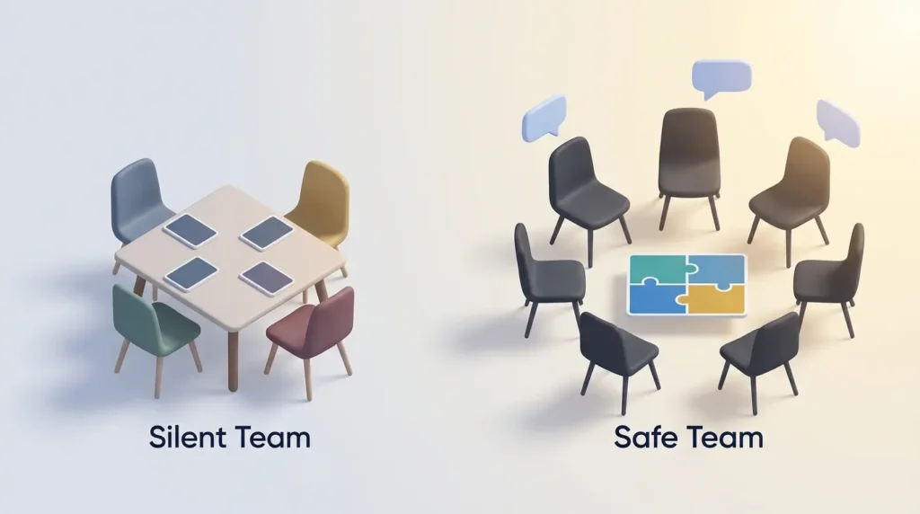 Silent Team vs Safe Team Split scene of a silent team hiding its idea cards and a safe team whose open ideas fit together, showing why psychological safety matters.