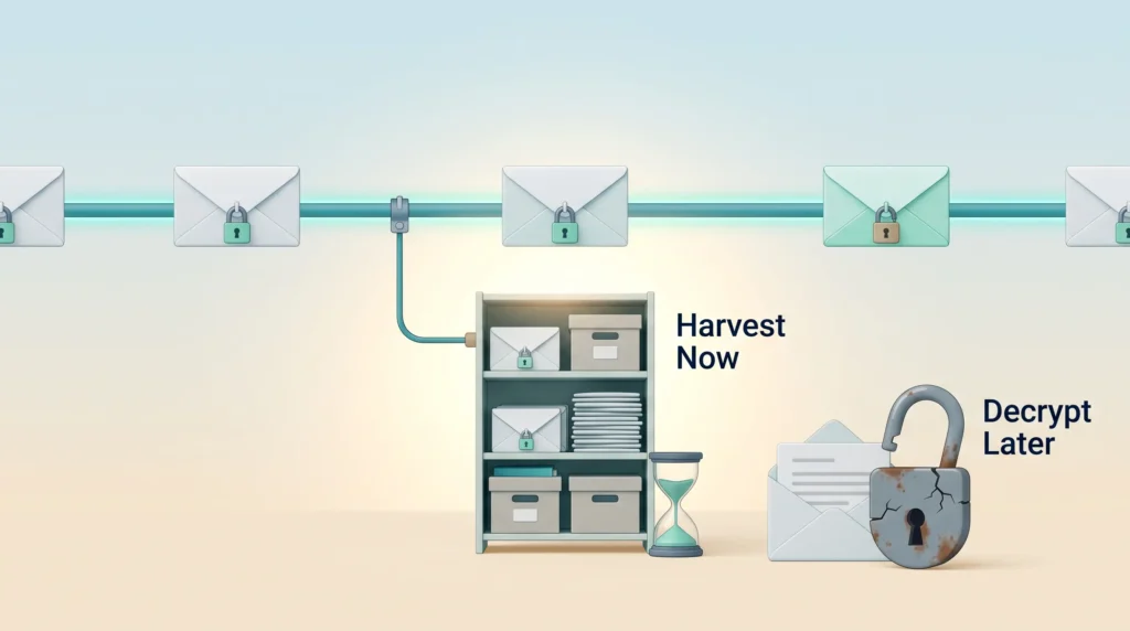Harvest Now Decrypt Later Attack Harvest now, decrypt later: locked envelopes copied from a network cable into an archive, later opened next to a cracked padlock.