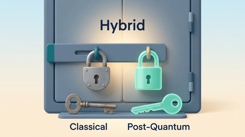 Hybrid Key Exchange with Two Locks Hybrid key exchange shown as one latch secured by a classical and a post-quantum padlock, so both must be broken to open it.