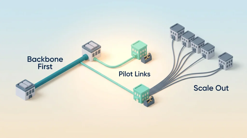 Post-Quantum Migration Roadmap Waves Post-quantum cryptography migration plan: backbone link upgraded first, then pilot links, then scaling out to the remaining sites.