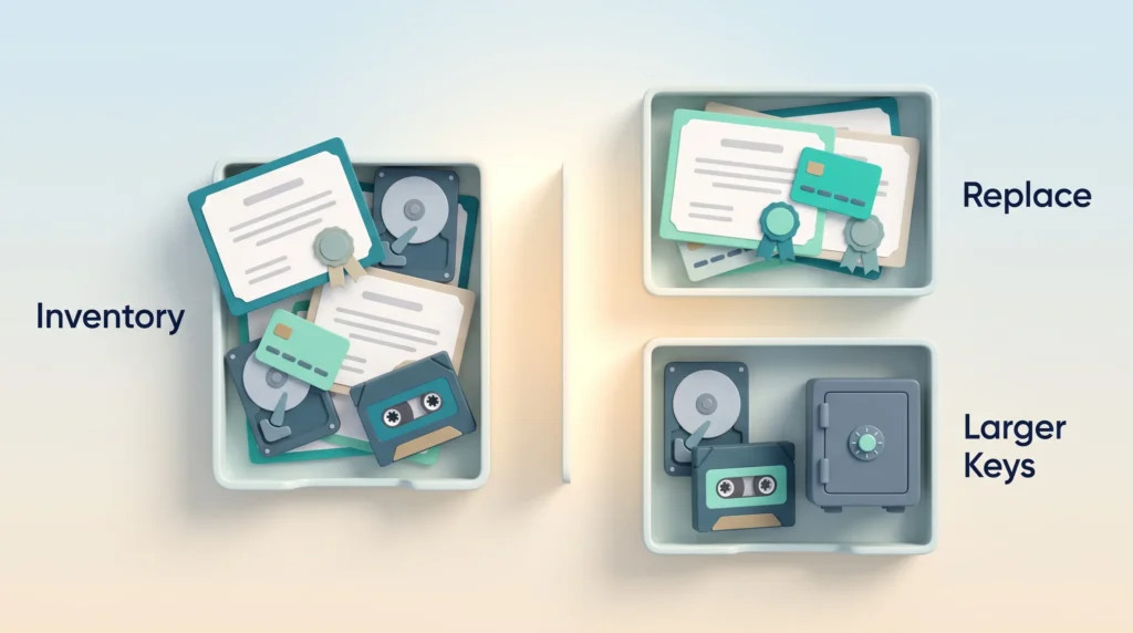 Asymmetric and Symmetric System Inventory Quantum-safe encryption inventory sorting certificates and key cards to replace from drives, tapes and a safe that only need larger keys.