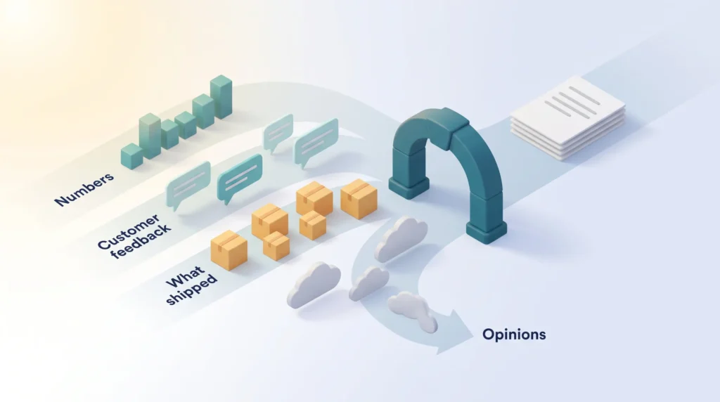 Quarter review gate letting numbers, customer feedback and what shipped pass through while opinions are diverted off the path.