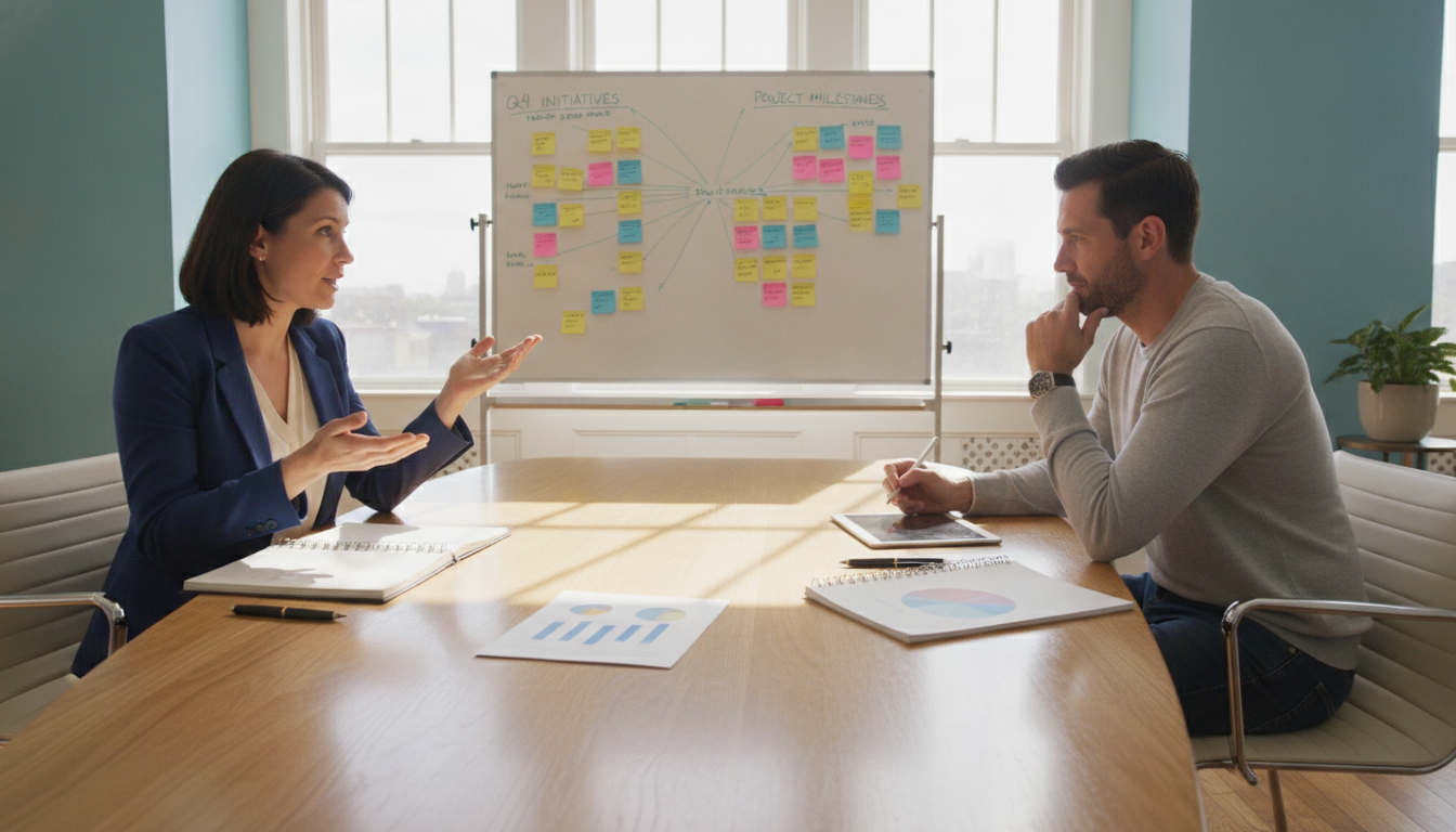 Woman in a navy blazer presenting to a colleague beside a whiteboard of Q4 initiatives and project milestones on sticky notes