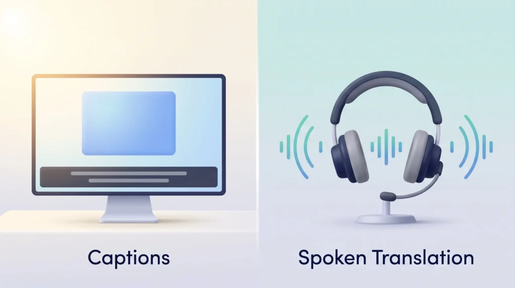 Real-time translation tools compared: a monitor with a caption bar stands for captions, a headset with sound waves for spoken translation.