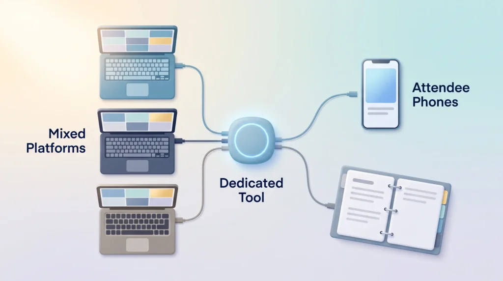 Dedicated live translation software hub connected to laptops on mixed platforms, attendee phones and a glossary binder.