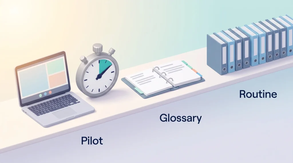 Meeting translation rollout from pilot to routine: a laptop with a stopwatch, a glossary binder and a row of transcript folders.