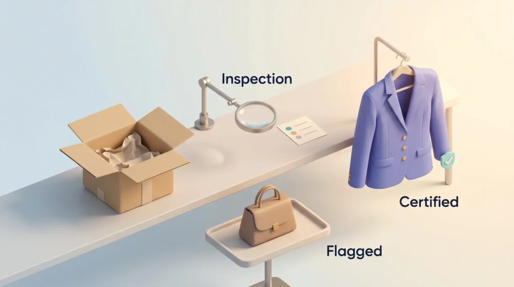 Resale market inspection station where a blazer is graded and certified while a suspicious handbag is flagged and held back