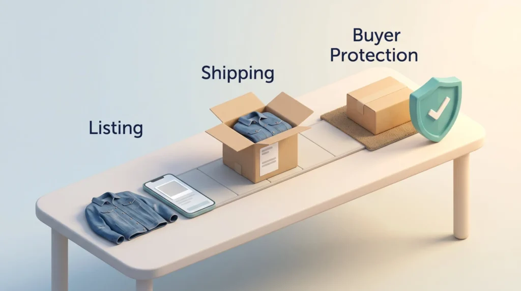 Recommerce trend explained as a path from phone listing and platform shipping to buyer protection for a used denim jacket