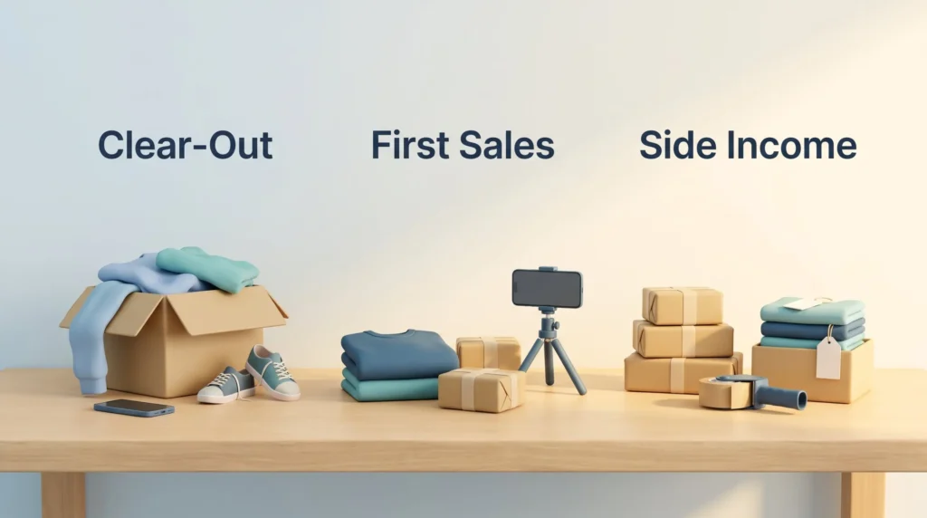 Resale seller journey from a clear-out box of pre-loved goods to first sales parcels and a small side income packing station