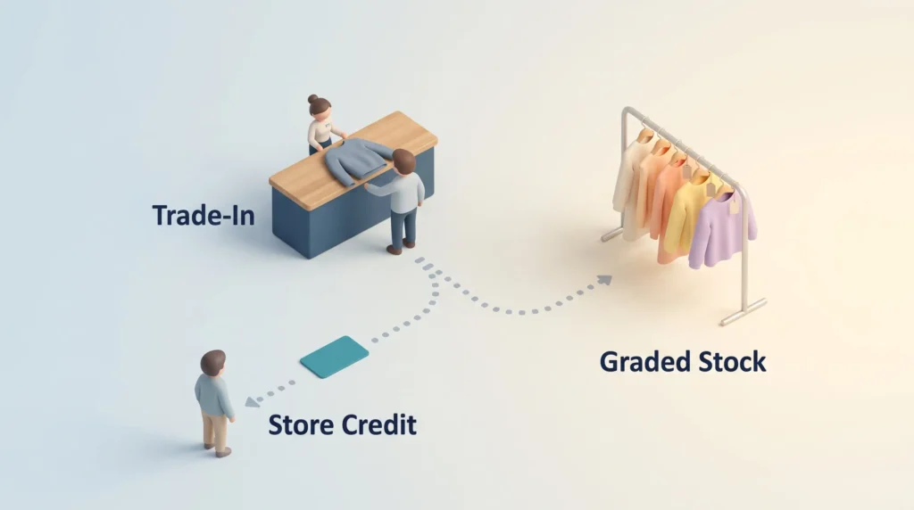 Retail trade-in counter turning a customer's used sweater into store credit and graded stock on a resale clothing rail