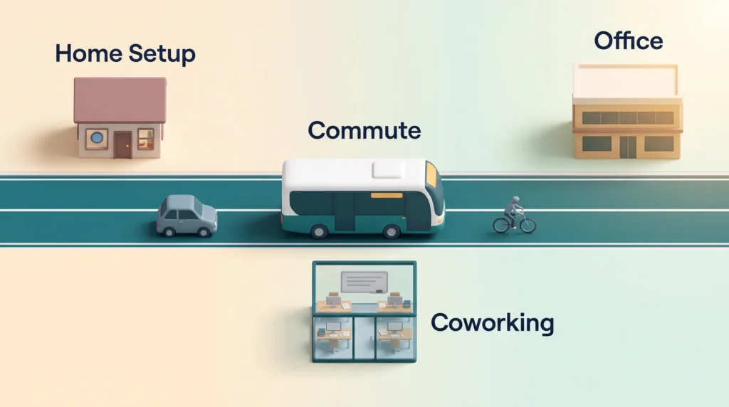 Commute, Home and Workplace Factors Map of the commute by car, bus and bike between home setup, coworking space and office, the factors that drive commuting emissions.