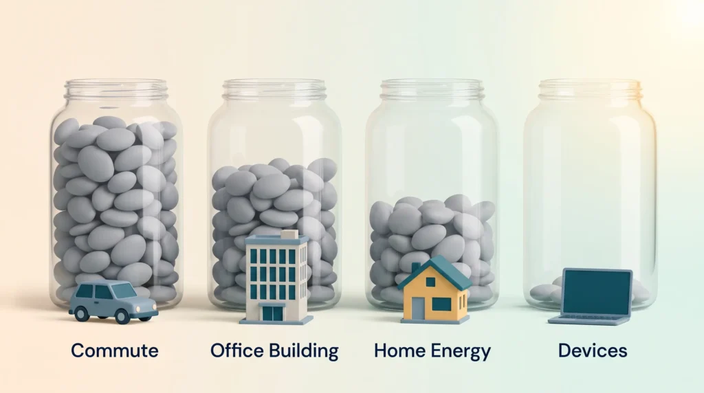 Remote Work Emission Sources Compared Remote work carbon footprint shown as four jars: commute fullest, then office building and home energy, with devices nearly empty.